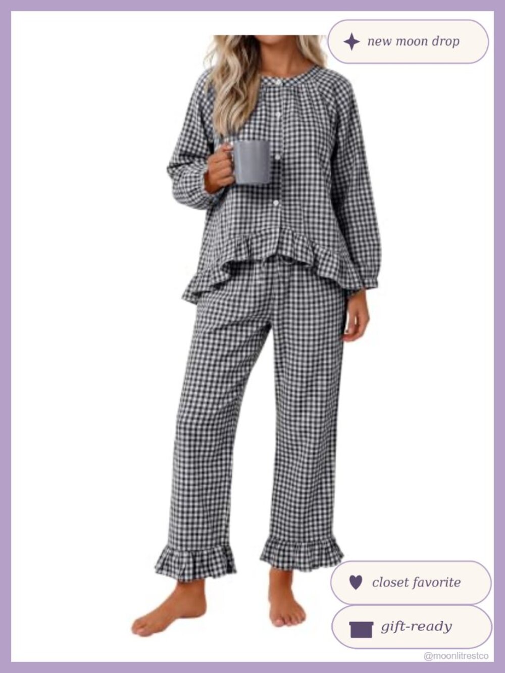 Gingham Pajama Set Cotton Polyester Button Down Babydoll Top Ruffle Ankle Pants